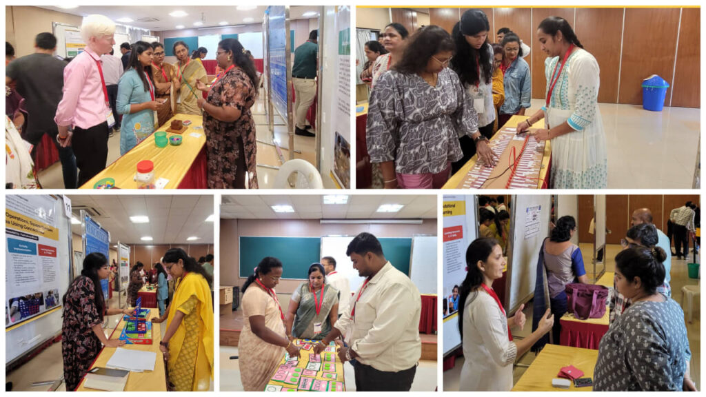 Five photographs from the CTiS 2026 exhibition at IISER Pune. Vision Empower team members demonstrate accessible Computational Thinking games and tactile learning activities to groups of participants gathered around display tables and posters.