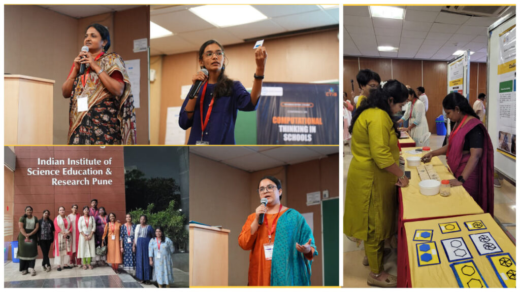 A collage shows Vision Empower team members presenting accessible learning materials, demonstrating tactile activities to participants, and speaking at the event.