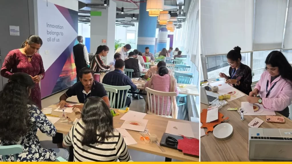 This is a collage of two photographs, showing employees, seated around tables with craft material, making tactile models.
