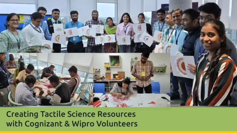 Collage of volunteers. One picture of them in a group, showing their tactile creation, and 3 pictures showing them working with craft material, creating these.