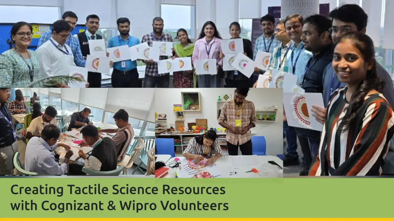 Collage of volunteers. One picture of them in a group, showing their tactile creation, and 3 pictures showing them working with craft material, creating these.