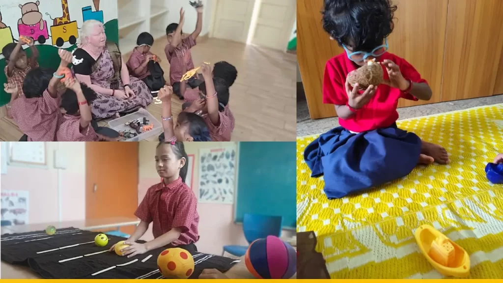 A collage of three photos. An adult with children around playing with toy animals. A child playing with a toy. A child engaged in an activity with sheet and various sized toy balls in front of her.