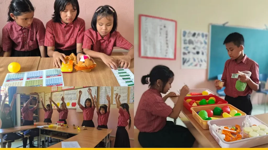 A collage of three photos. Photo 1:3 students with a paper, calendar, toys in front of them. Photo 2:2 students doing an activity with multiple trays of fruit shapes in front of them. Photo three: children around tables with their hands raised up, engaged in an activity.