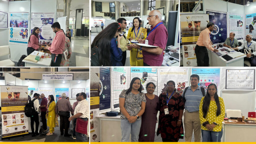 Conference visitors interacting with exhibitors and exploring Vision Empower’s accessible STEM resources, Accessible Resource Centre displays, Hexis and IRIS assistive technologies.