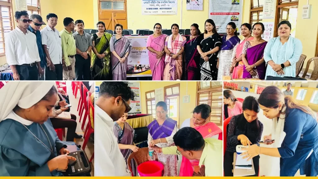 Picture collage. The first shows participant standing in a row.  Then there are three pictures showing activities like working on Hexis, and doing experiments, done with the Pragya participants. 