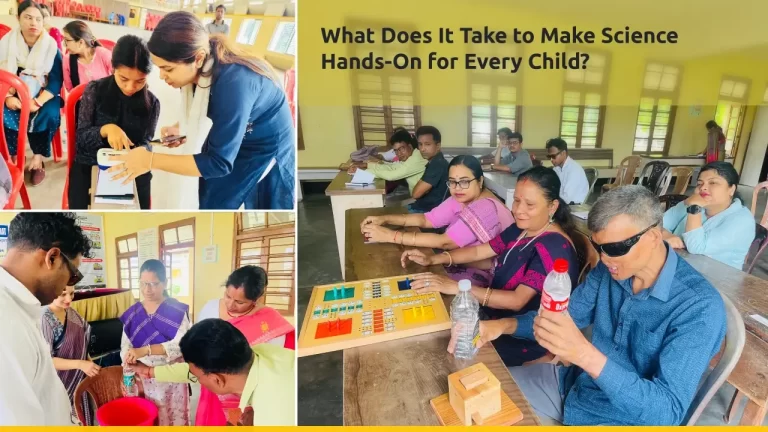 Pragya participants collage. One pciture showcases them sitting the classroom. The other two shows them engaged in activities - trying out Hexis, and doing an experiment.