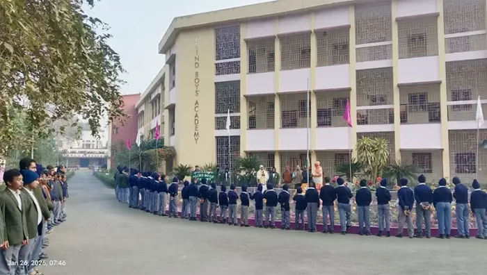 Students are assembled in neat rows during a structured outdoor school gathering.
The image captures discipline, coordination, and collective participation in a school-led activity.
Teachers and staff are present, overseeing the proceedings.
