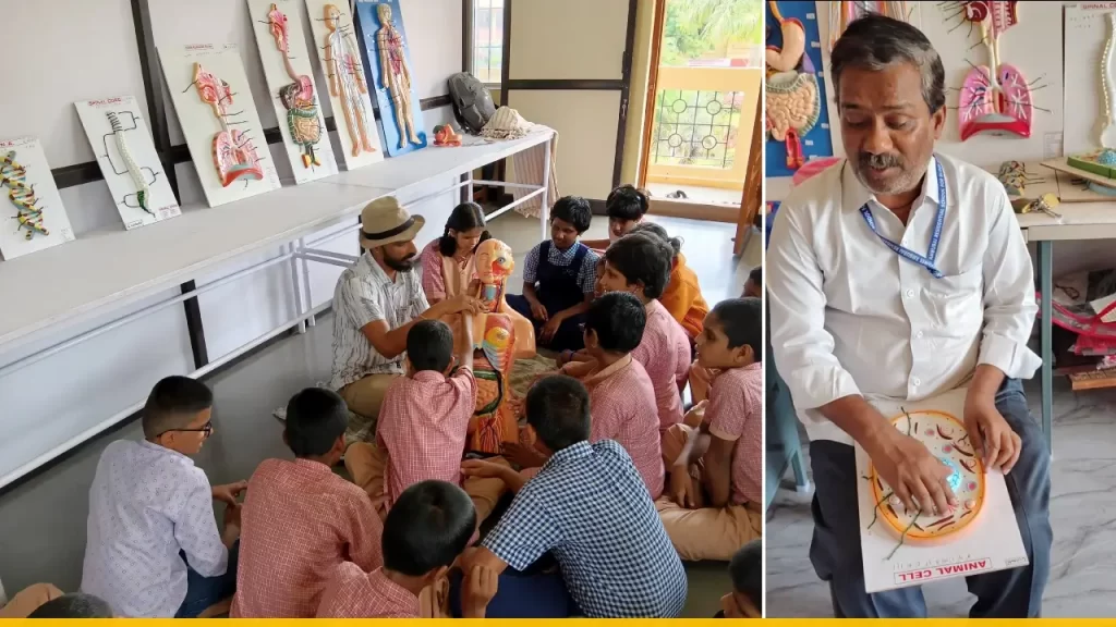 A collage of two photographs. The first one shows students sitting around a teacher explaining a biology model. On the right is a photo of a teacher exploring a tactile model of an animal cell.