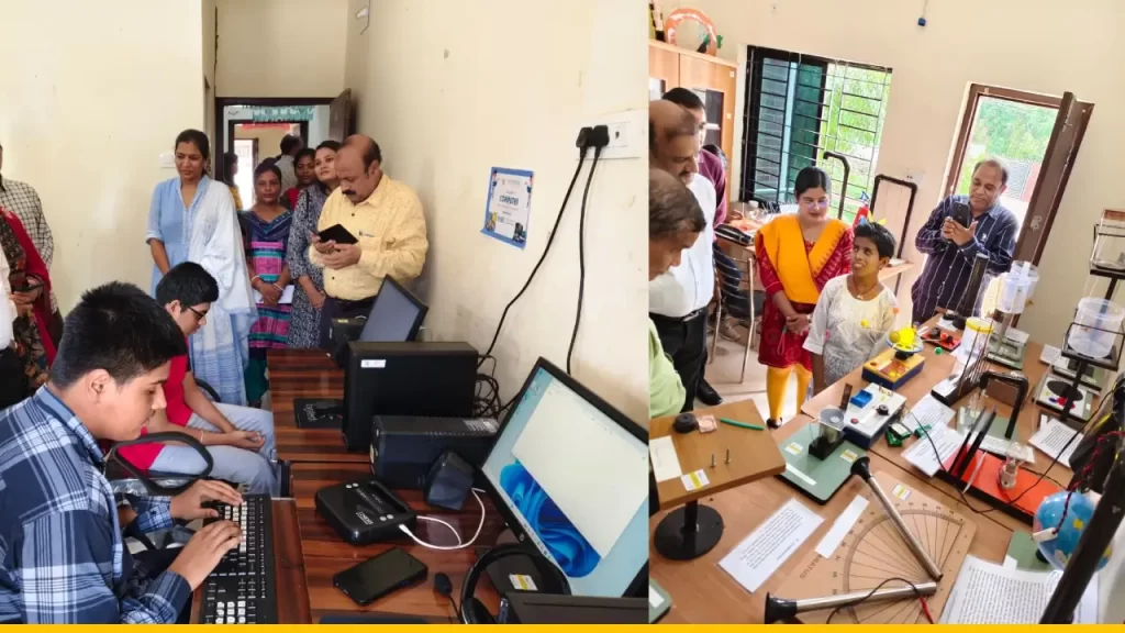 Two pictures from the summer camp at Odisha. The first picture shows students in front of her laptop with one student working on the keyboard. The other picture is of a student explaining a model to onlookers