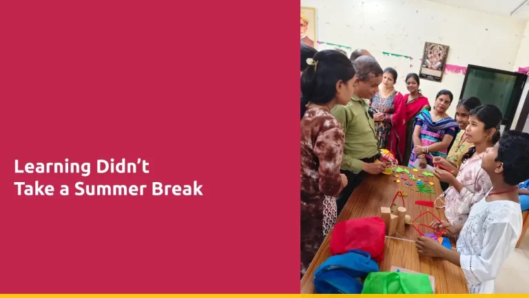 Cover picture with title and a pciture from the summer camp of a student explaining a model to people standing around.