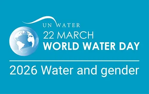 UN World water day graphic. The text on it says - UN Water, 22 March, World Water Day. 2026 Water and Gender. 