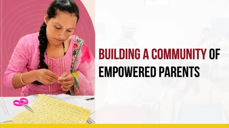 The title - Building a community of empowered parents. Picture of a parent doign an activity during the session beside the title