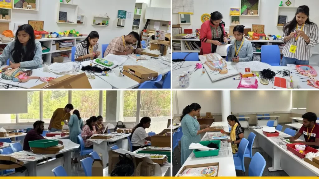 This is a collage of 4 photographs, showing employees, seated around tables at ARC with craft material, making tactile models.