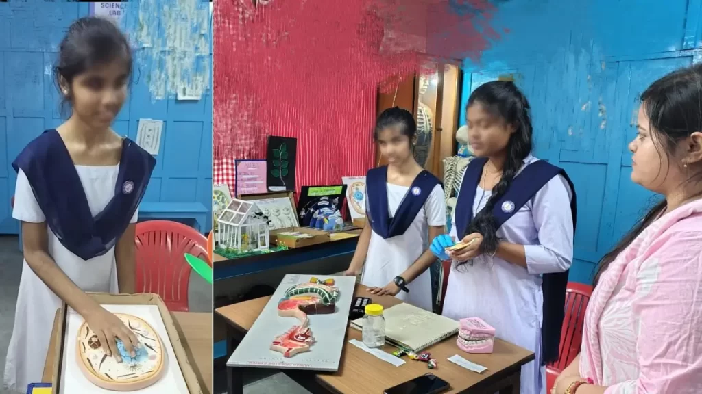 Two pics of Ankita with Biology tactile models.
