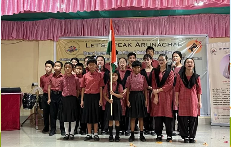 A group visual from the ‘Let’s Speak Arunachal’ event, highlighting students confidently presenting inclusive education interventions before dignitaries, including the Deputy Chief Minister and Director of Youth Affairs, Government of Arunachal Pradesh.