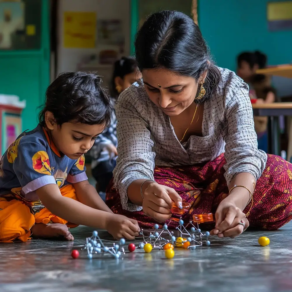 A child and teacher doing an activity together in an inclusive anganwadi