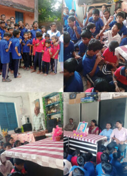 This image shows Children’s Day celebration at saintala school, district-Balangir(odisha) where are kids are listening to speeches, wishes and holding chocolates in their hands distributed on behalf of VE with wide smiles