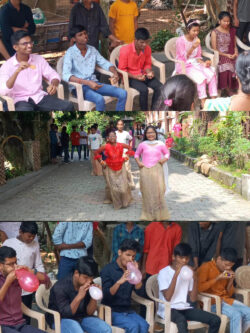 This image shows the Children's Day celebration at St. Michael's Blind School in Jharkhand,shows mini games competitions. Events like balloon bursting, the race for biscuits, and sack races. The students are seen enjoying and taking part in these games as a part of the celebrations