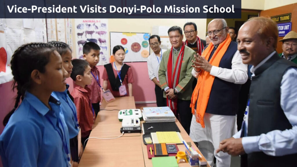 Vice-President C. P. Radhakrishnan interacting with students and teachers at Donyi-Polo Mission School in Itanagar