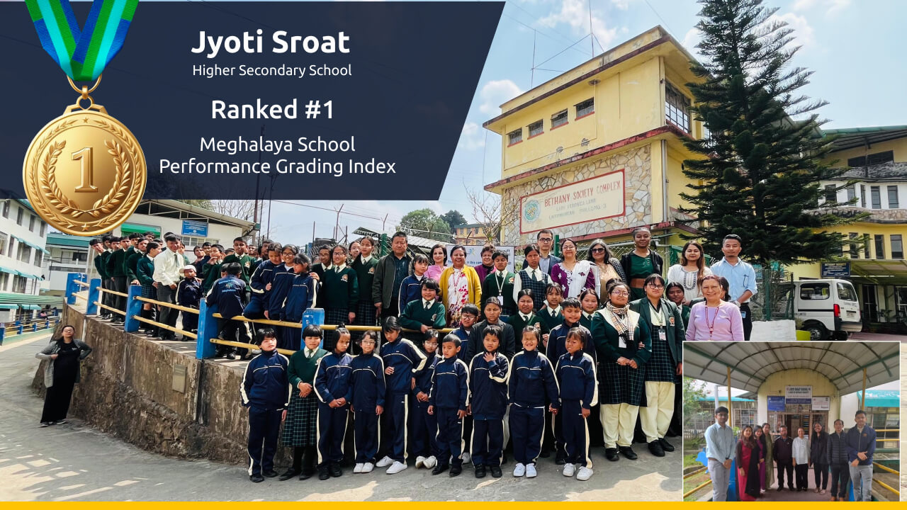 A picture of students in front of their school - Jyoti Sroat Higher Secondary School, with the title of them being ranked frst in the Meghalaya School Performance Grading Index