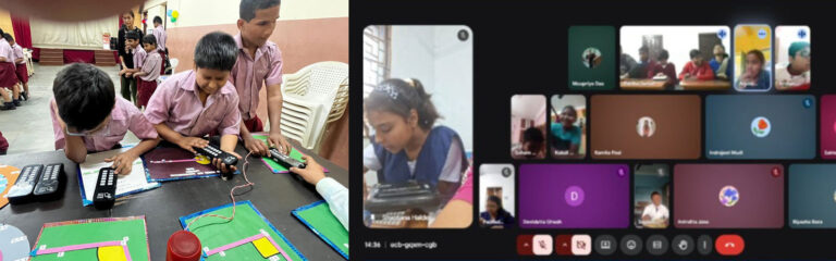 Two Pictures : On the right are students using Hexis to solve problems in an online celebration during National Mathematics Day and on the left are a group of students in a classroom using Iris to understand the mathematical concept of angles