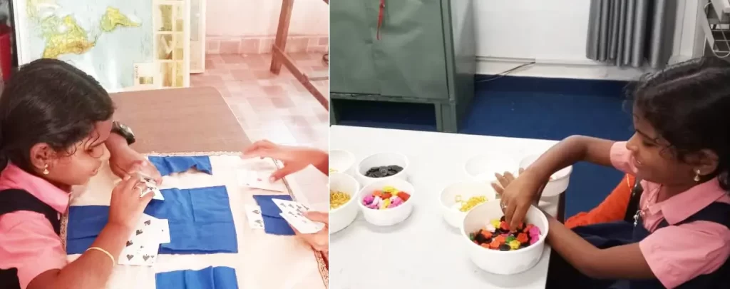 Two pics of Nainika, one playing a card game, and the other doing a sorting and counting activity