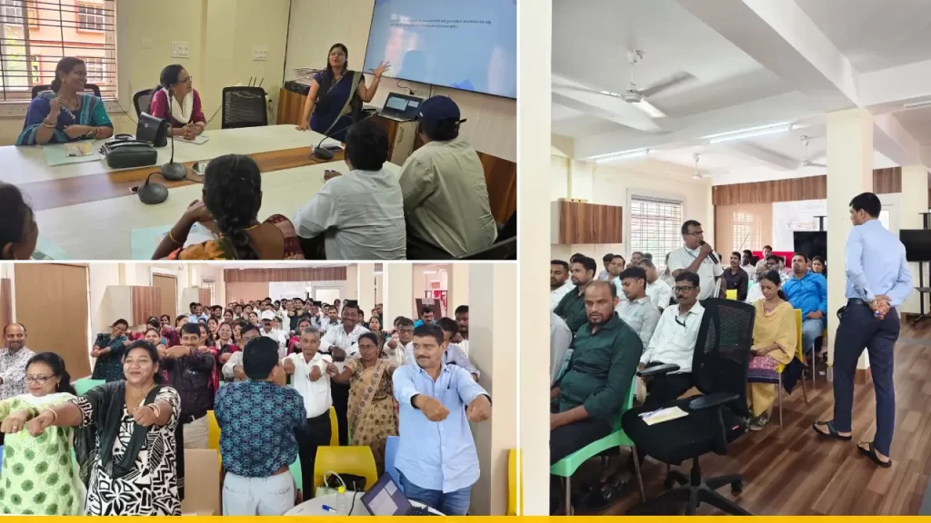 Collage of pictures showing teachers participating in presentations and group activities during the NIPUN Bharat training programme
