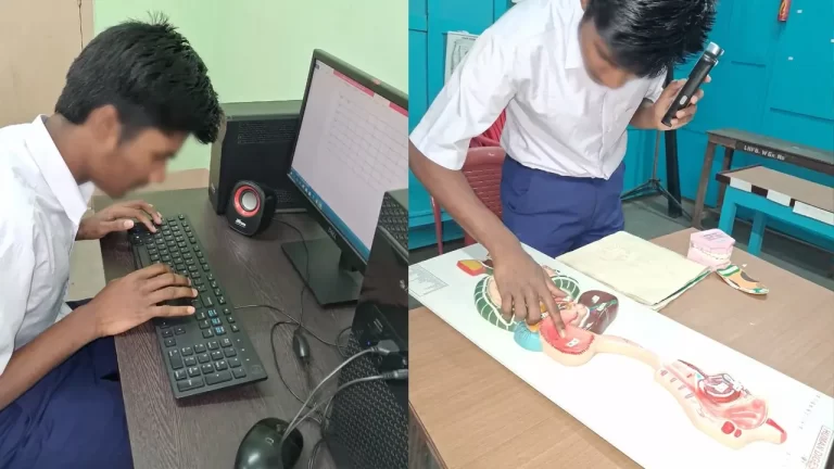 There are two photographs here - In the first one, he is using the keyboard of a computer, and in the second, he is understanding a tactile digestive system model with the help of the IRIS device