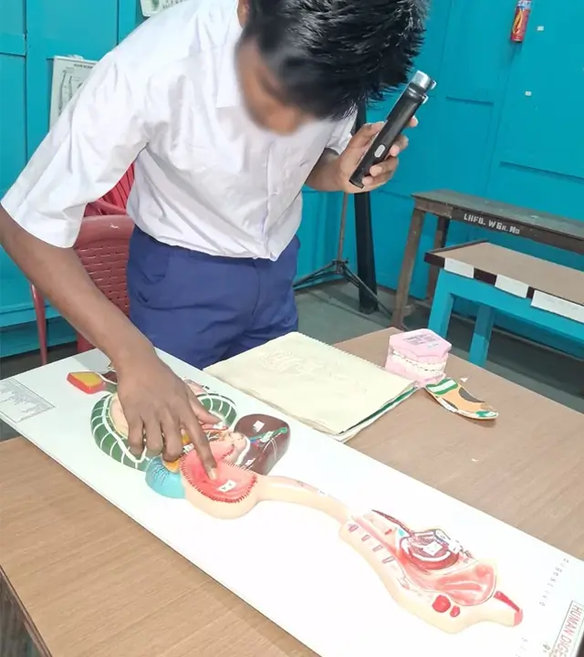 Subhastryan is understanding a tactile digestive system model with the help of the IRIS device