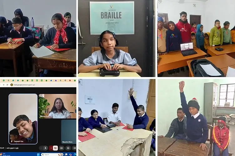 Collage of World Braille Day 2026 Celebrations in various schools with VE